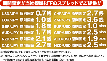 期間限定!!当社基準以下のスプレッドでご提供!!