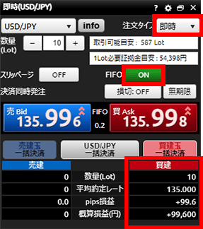 『DMMFX PLUS』FIFO注文画面(数量:10Lot)