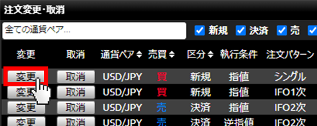 『DMMFX PLUS』注文変更・取消画面