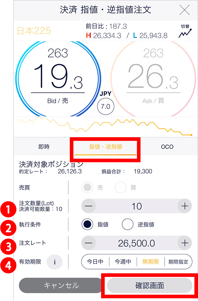 『スマホアプリ DMMCFD』指値・逆指値注文画面