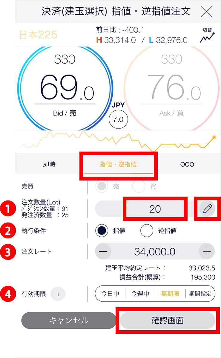 『スマホアプリ DMMCFD』指値・逆指値注文画面