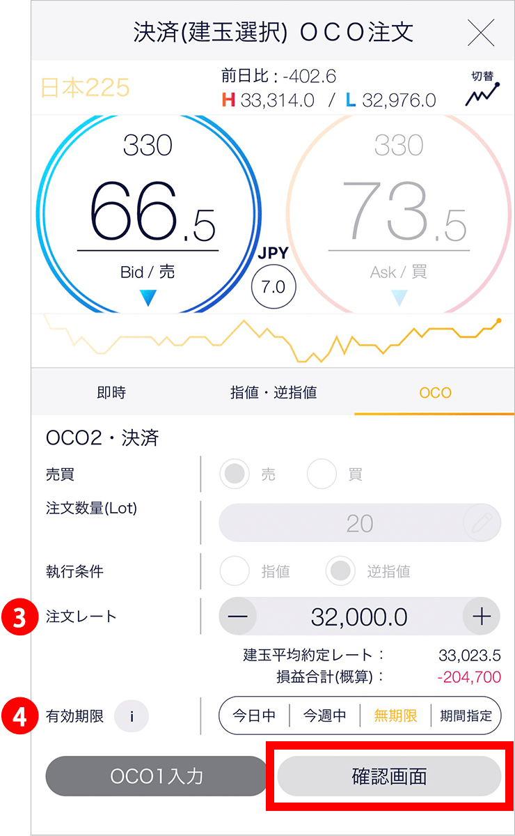 『スマホアプリ DMMCFD』決済(建玉選択)OCO2入力 確認画面
