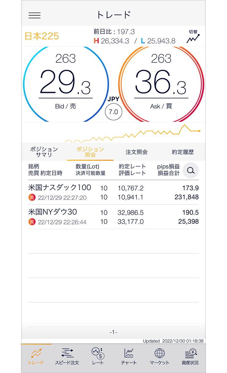 『スマホアプリ DMMCFD』ポジション照会画面