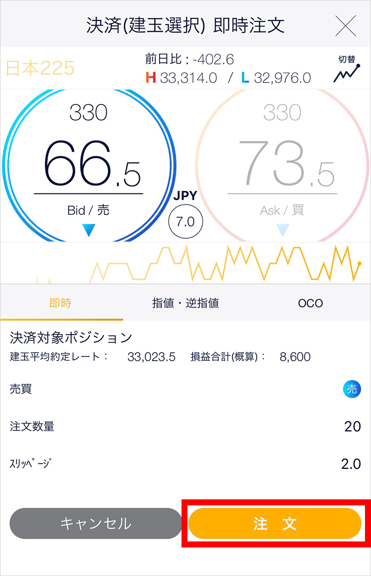 『スマホアプリ DMMCFD』【決済注文を発注済みのポジションが未選択の場合】即時注文画面