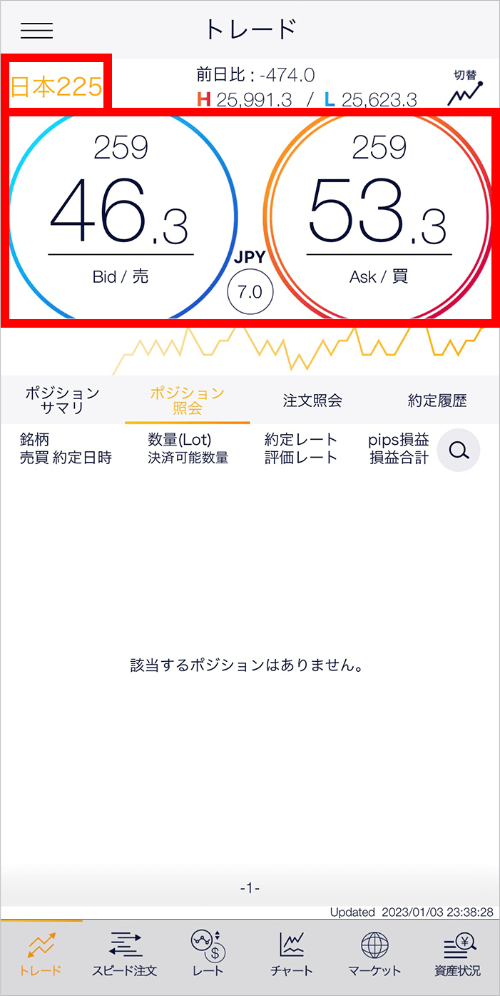 『スマホアプリ DMMCFD』トレード画面