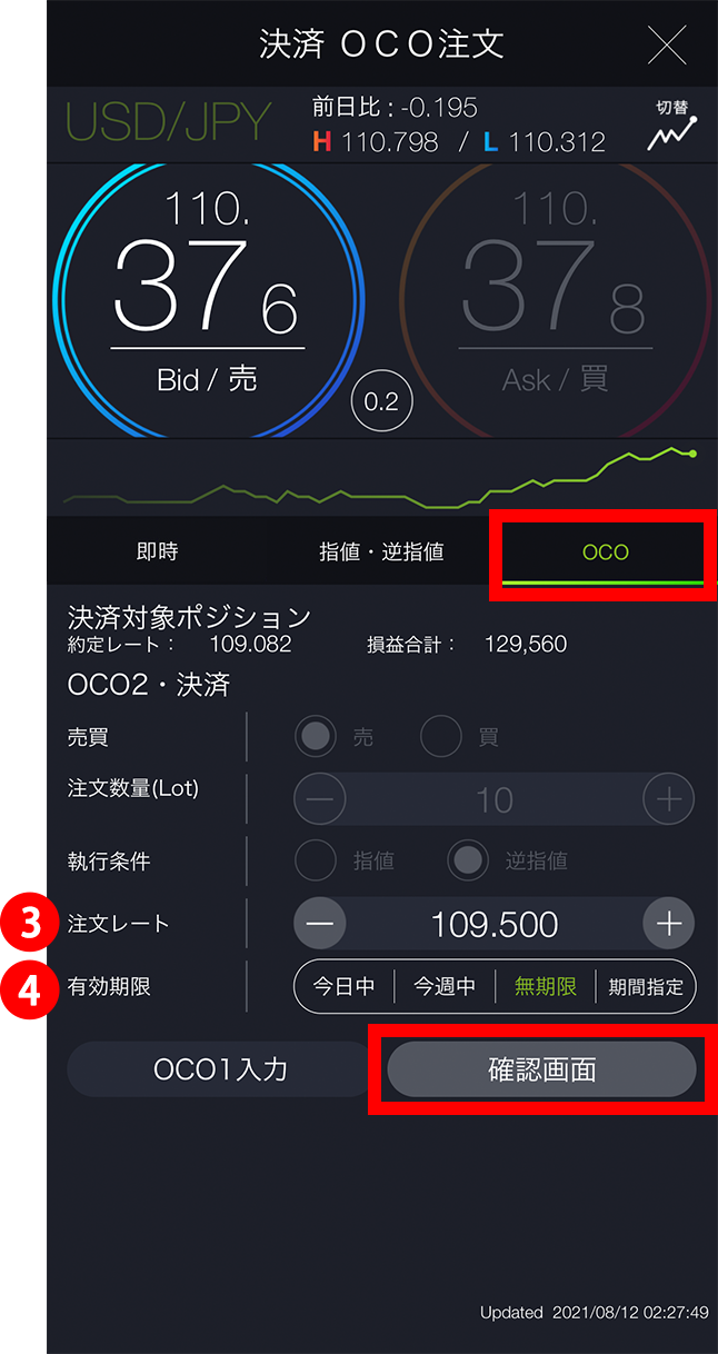 『スマホアプリ DMMFX』決済OCO2入力画面