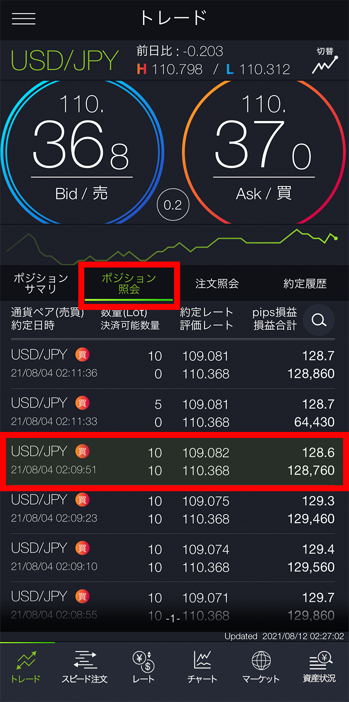 『スマホアプリ DMMFX』ポジション照会画面