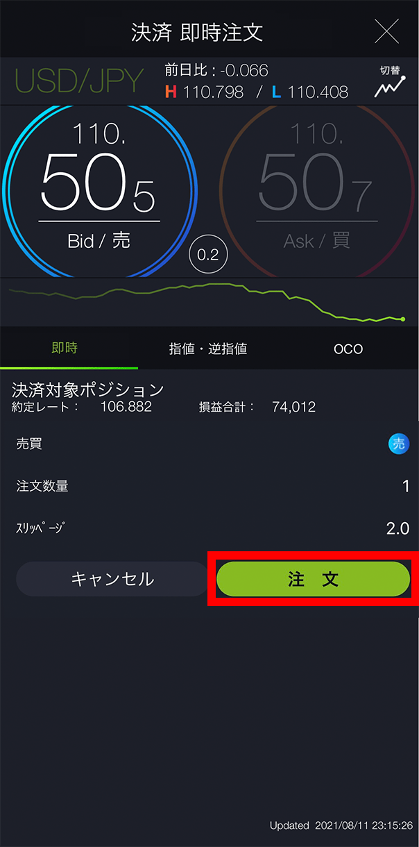 『スマホアプリ DMMFX』即時注文画面