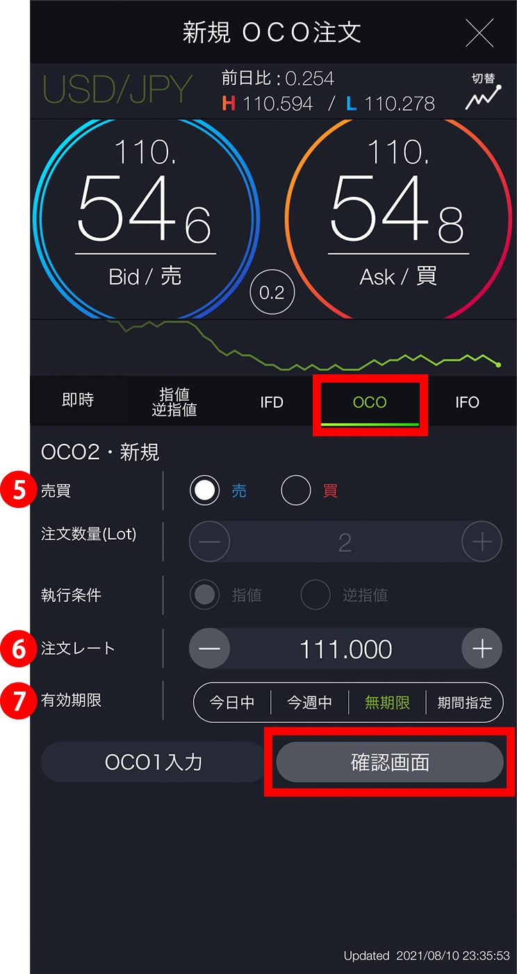 『スマホアプリ DMMFX』OCO2入力画面