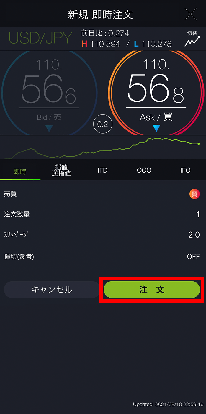 『スマホアプリ DMMFX』即時注文画面